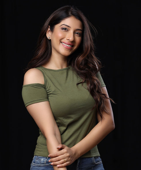 Cold Shoulder Crew Neck Green T-shirt